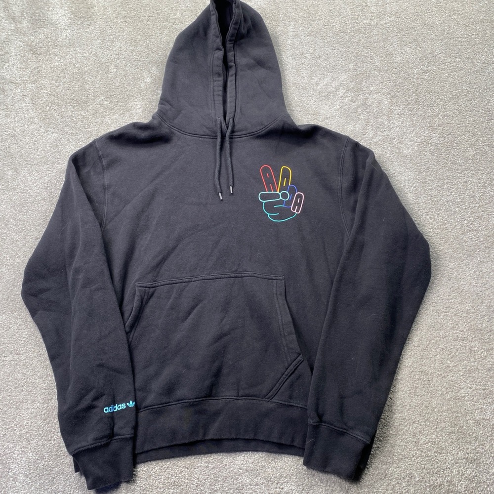 Adidas Originals Hoodie Mens M Black Neon Peace Sign Graphic Trefoil Pullover